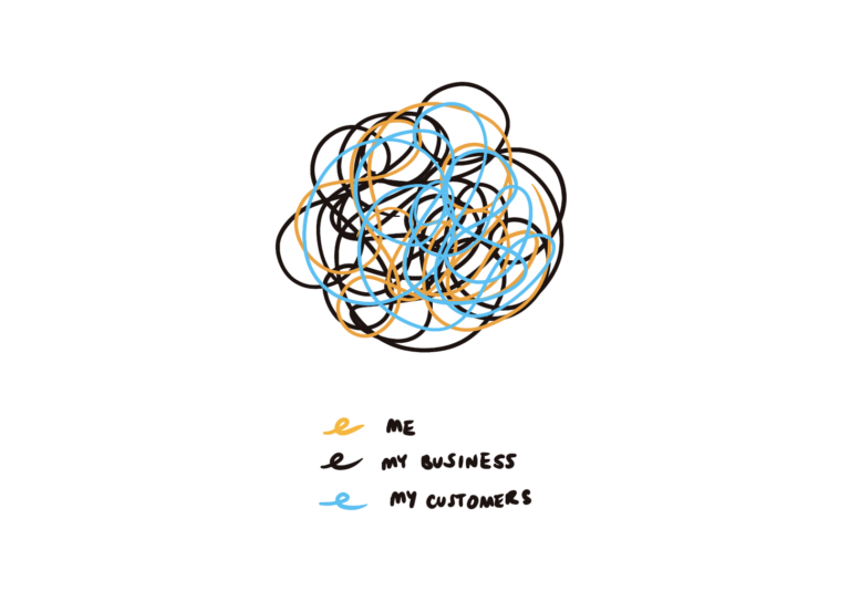 The image shows a hand drawn tangle of thread, with three different coloured threads all tangled together. One is labelled as 'me'. The second colour is labelled as 'my business'. And the third is labelled as 'my customers.'